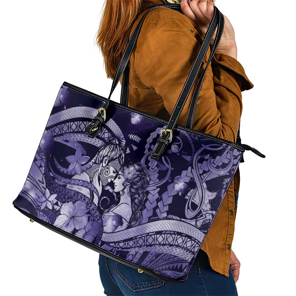 Maori Romantic Valentine Leather Tote Bag The Hongi Kiss Purple Galaxy DT05 - Polynesian Pride