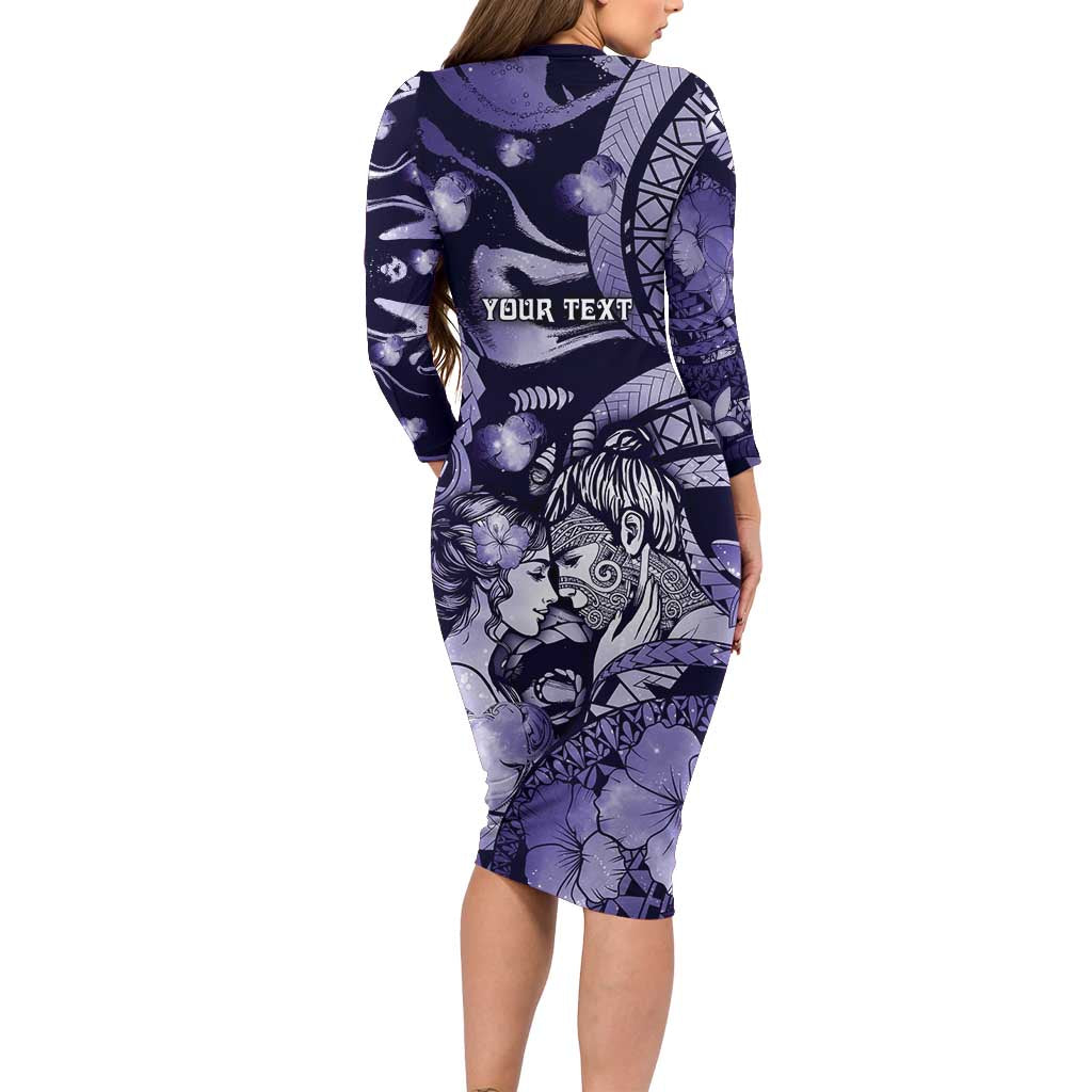 Personalised Maori Romantic Valentine Long Sleeve Bodycon Dress The Hongi Kiss Purple Galaxy