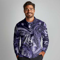 Personalised Maori Romantic Valentine Long Sleeve Polo Shirt The Hongi Kiss Purple Galaxy