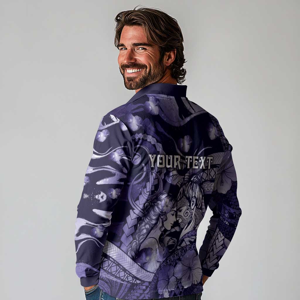 Personalised Maori Romantic Valentine Long Sleeve Polo Shirt The Hongi Kiss Purple Galaxy