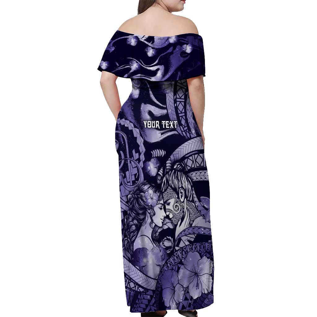 Personalised Maori Romantic Valentine Off Shoulder Maxi Dress The Hongi Kiss Purple Galaxy