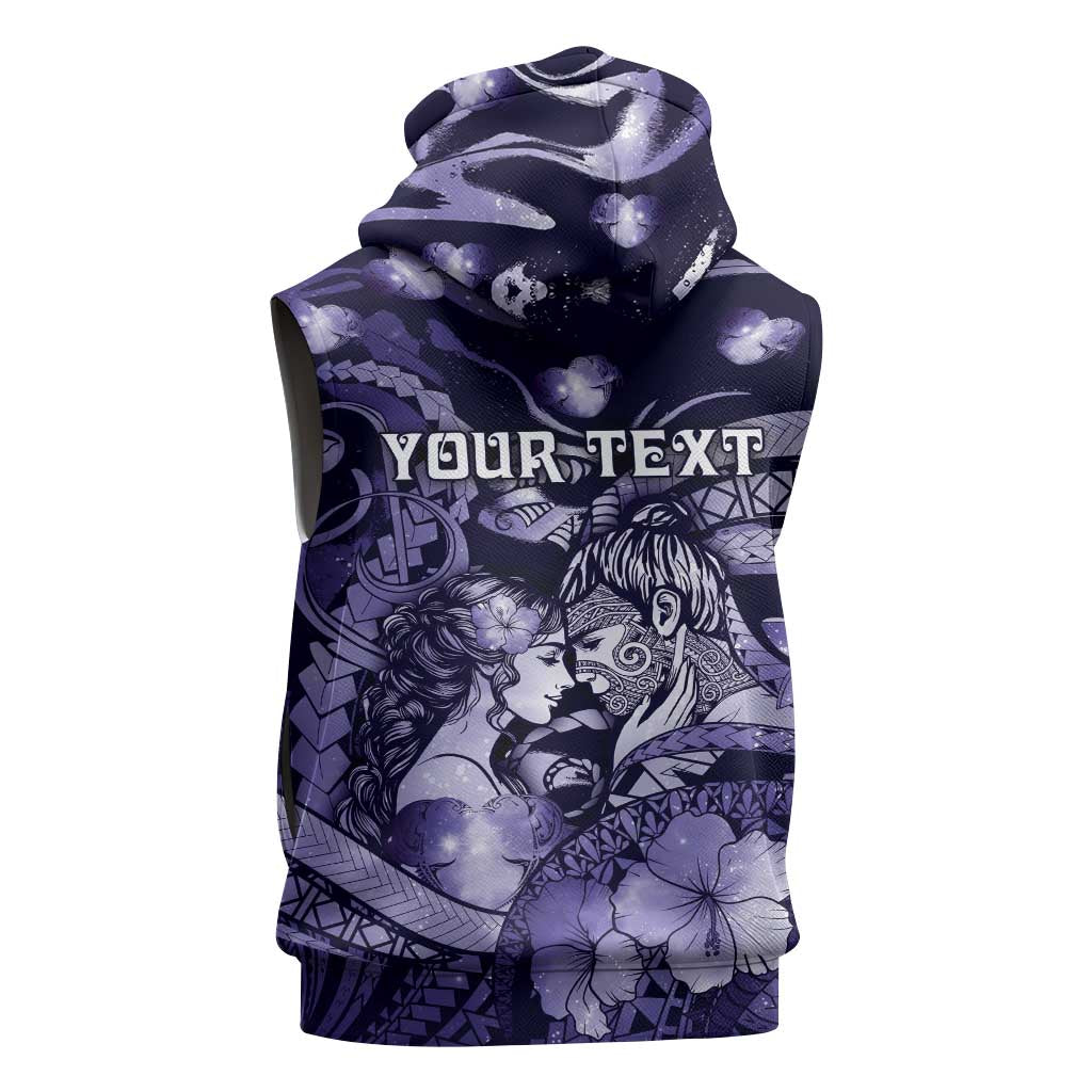 Personalised Maori Romantic Valentine Sleeveless Hoodie The Hongi Kiss Purple Galaxy