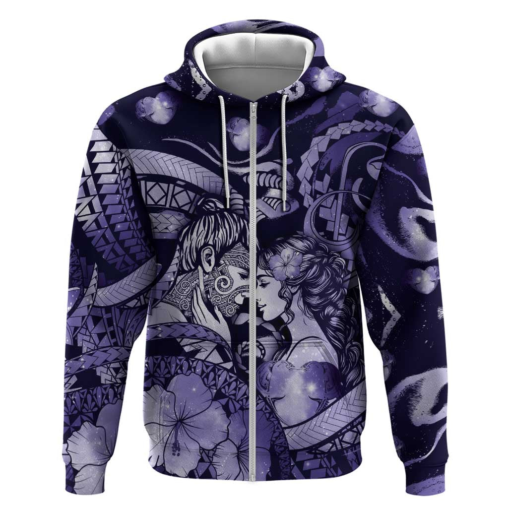 Personalised Maori Romantic Valentine Zip Hoodie The Hongi Kiss Purple Galaxy