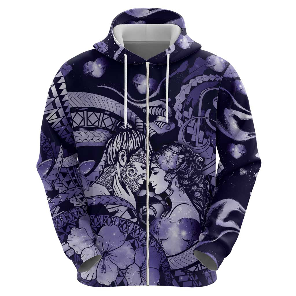 Personalised Maori Romantic Valentine Zip Hoodie The Hongi Kiss Purple Galaxy