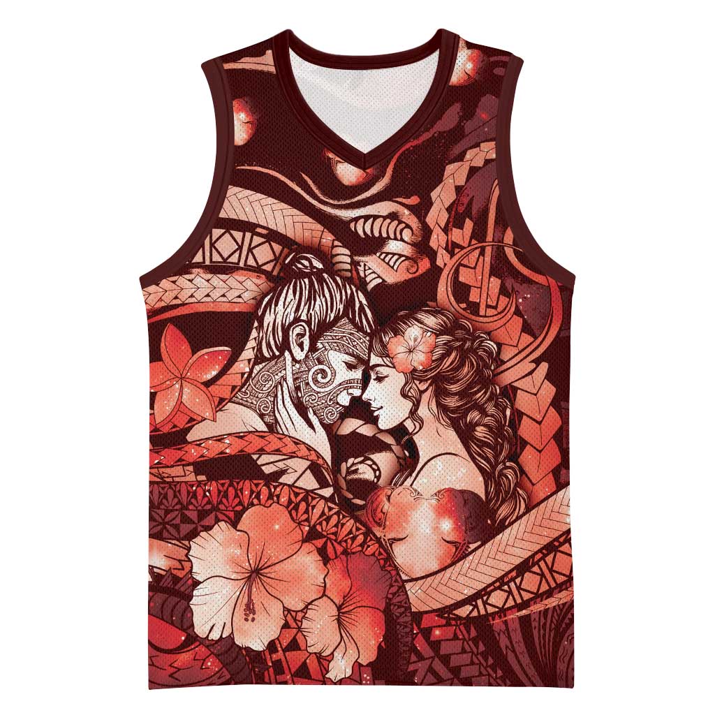 Personalised Maori Romantic Valentine Basketball Jersey The Hongi Kiss Red Galaxy DT05 Unisex Red - Polynesian Pride