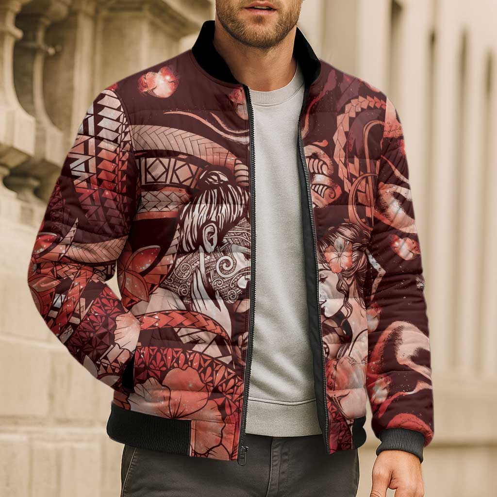 Personalised Maori Romantic Valentine Bomber Puffer Jacket The Hongi Kiss Red Galaxy