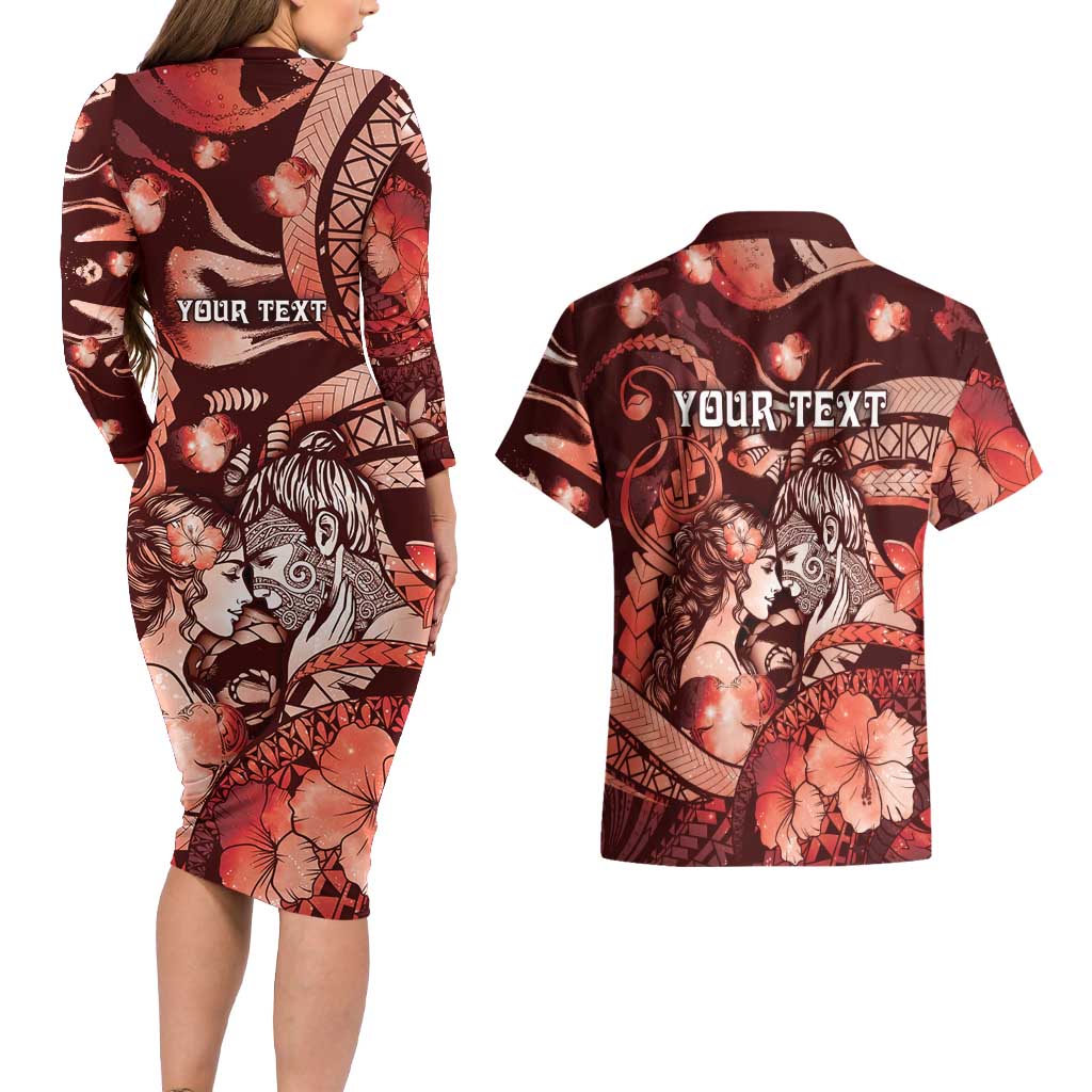 Personalised Maori Romantic Valentine Couples Matching Long Sleeve Bodycon Dress and Hawaiian Shirt The Hongi Kiss Red Galaxy