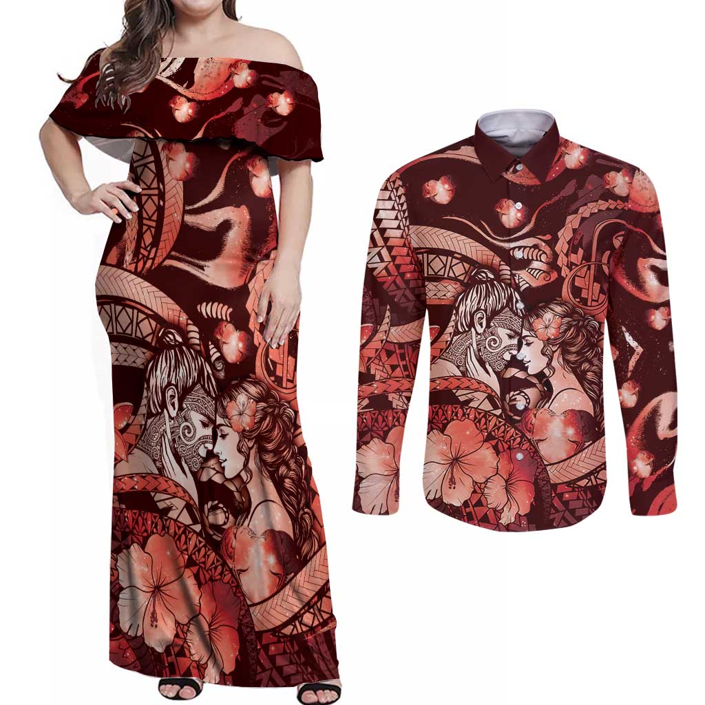 Personalised Maori Romantic Valentine Couples Matching Off Shoulder Maxi Dress and Long Sleeve Button Shirt The Hongi Kiss Red Galaxy