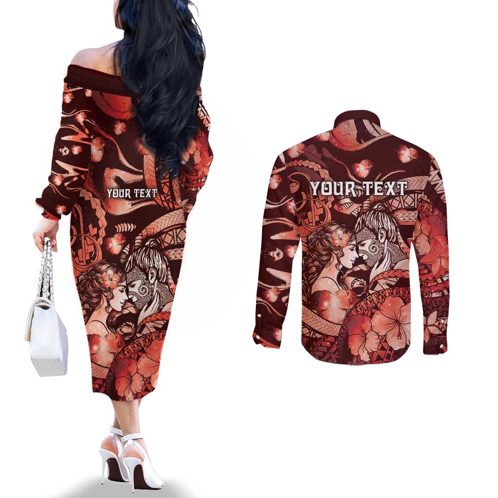 Personalised Maori Romantic Valentine Couples Matching Off The Shoulder Long Sleeve Dress and Long Sleeve Button Shirt The Hongi Kiss Red Galaxy