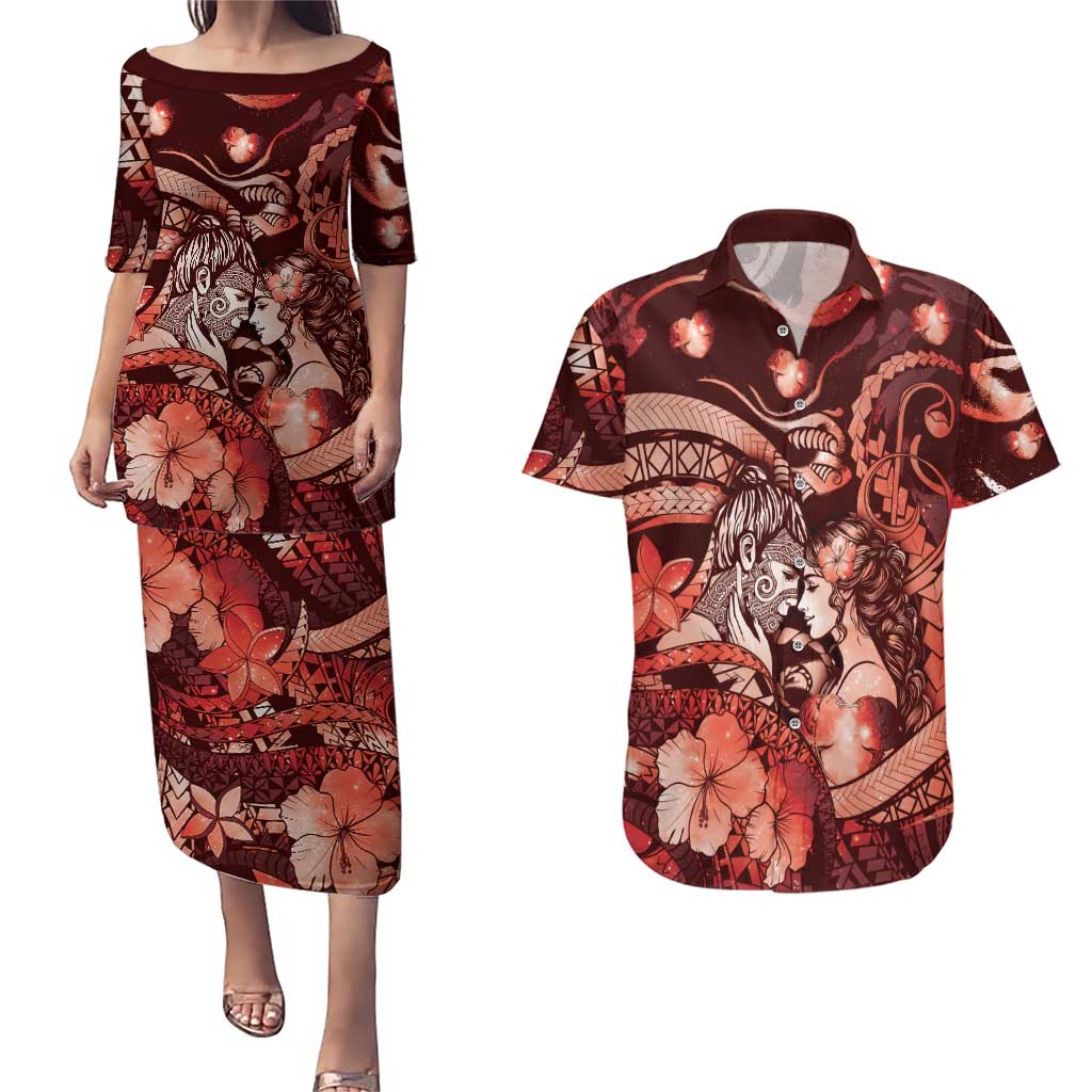 Personalised Maori Romantic Valentine Couples Matching Puletasi and Hawaiian Shirt The Hongi Kiss Red Galaxy