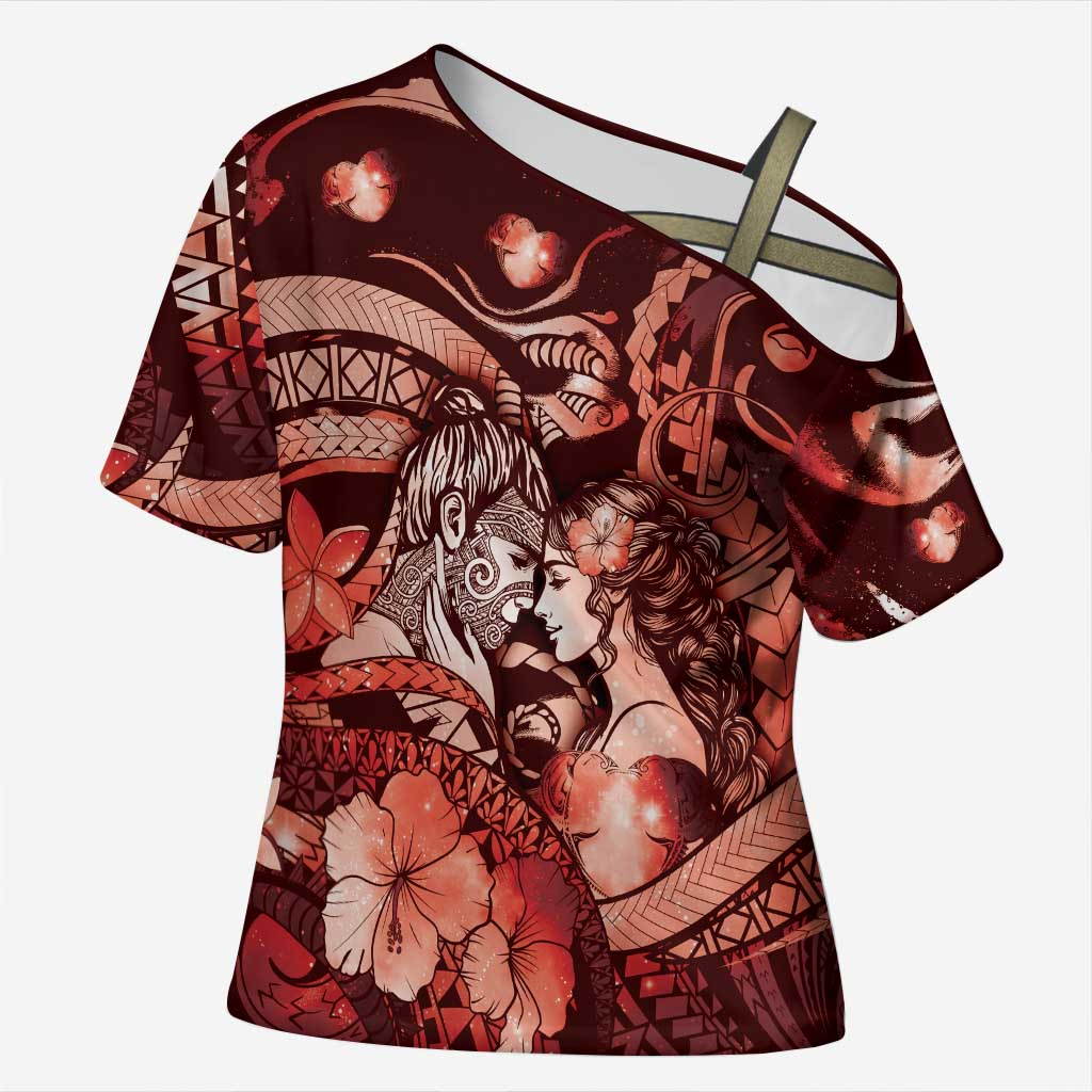 Personalised Maori Romantic Valentine Cross Shoulder Shirt The Hongi Kiss Red Galaxy
