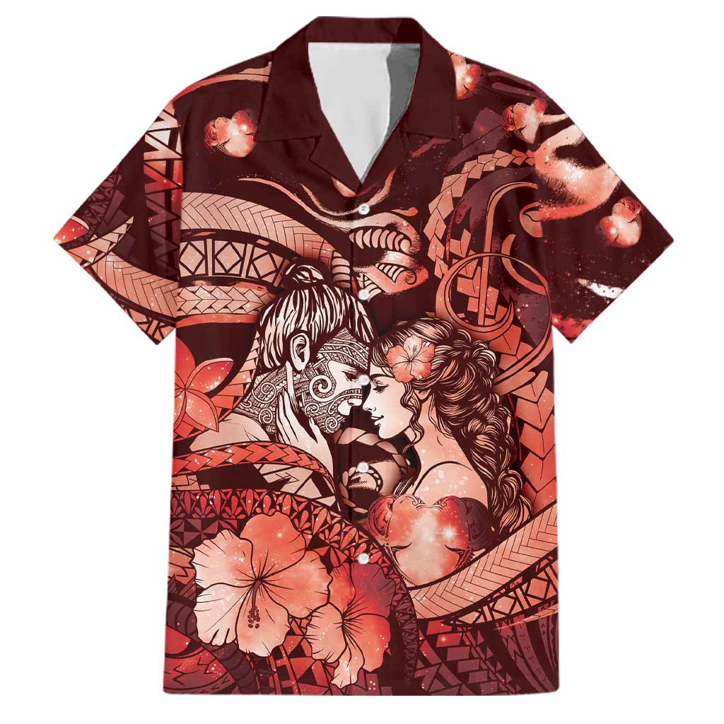 Personalised Maori Romantic Valentine Family Matching Long Sleeve Bodycon Dress and Hawaiian Shirt The Hongi Kiss Red Galaxy