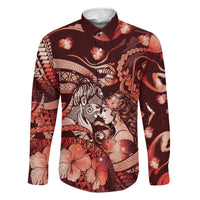 Personalised Maori Romantic Valentine Family Matching Long Sleeve Bodycon Dress and Hawaiian Shirt The Hongi Kiss Red Galaxy