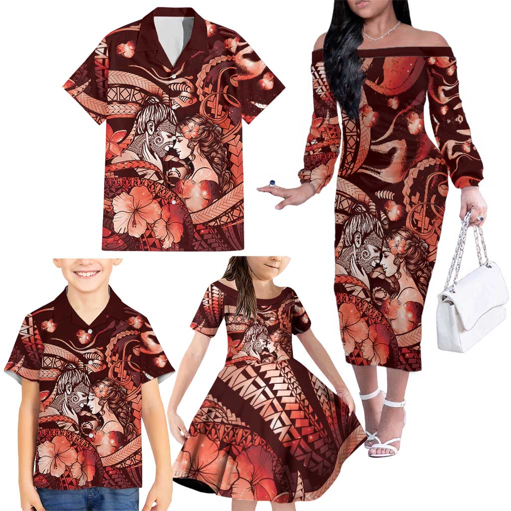 Personalised Maori Romantic Valentine Family Matching Off The Shoulder Long Sleeve Dress and Hawaiian Shirt The Hongi Kiss Red Galaxy