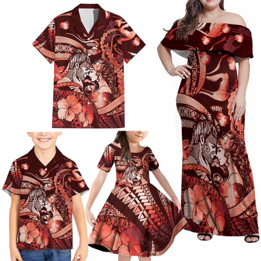 Personalised Maori Romantic Valentine Family Matching Off Shoulder Maxi Dress and Hawaiian Shirt The Hongi Kiss Red Galaxy
