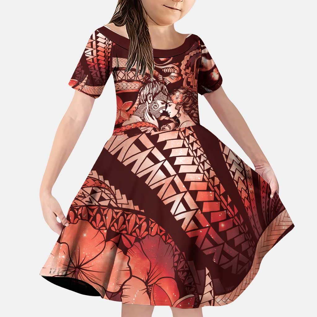 Personalised Maori Romantic Valentine Family Matching Short Sleeve Bodycon Dress and Hawaiian Shirt The Hongi Kiss Red Galaxy