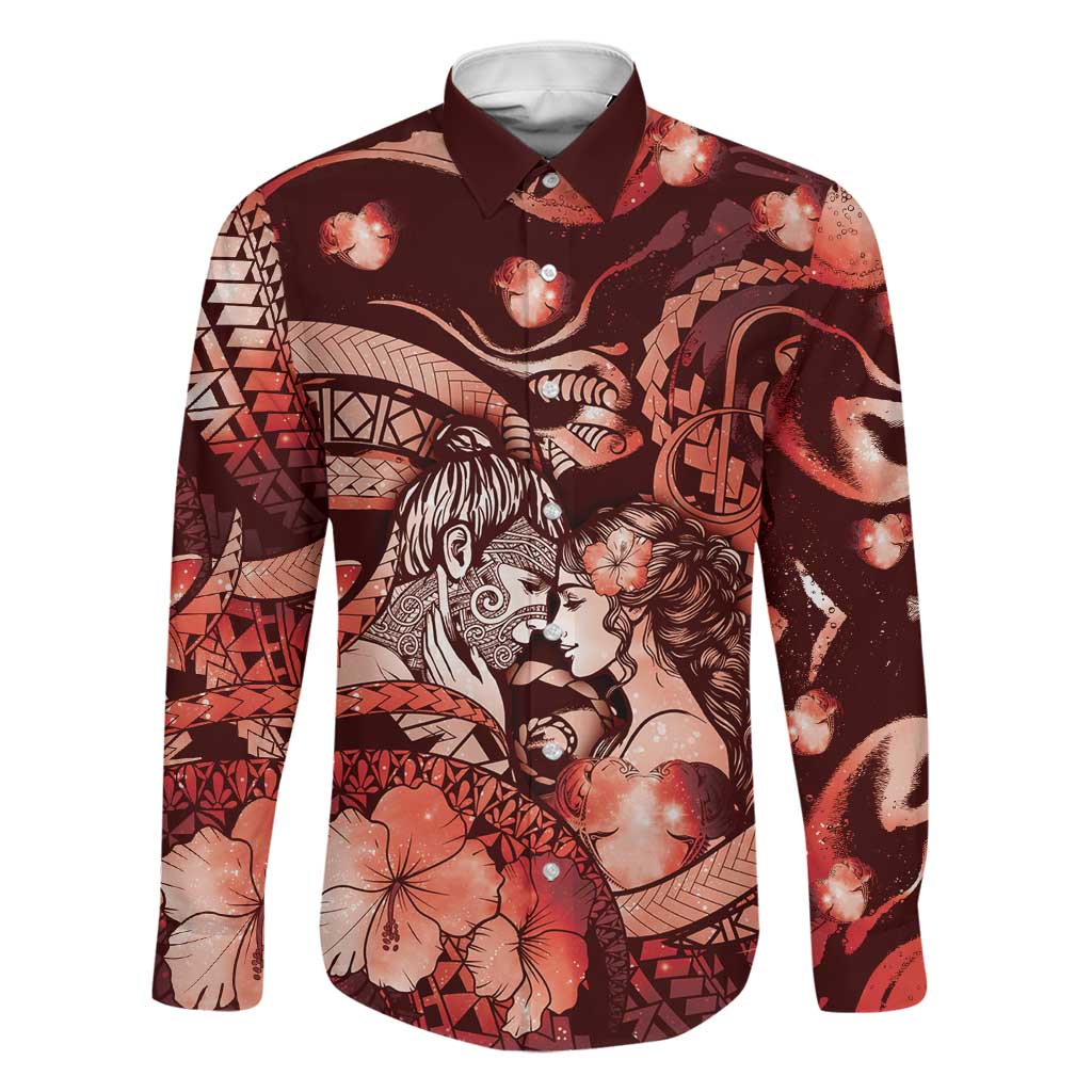 Personalised Maori Romantic Valentine Family Matching Short Sleeve Bodycon Dress and Hawaiian Shirt The Hongi Kiss Red Galaxy