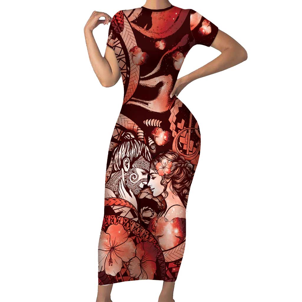 Personalised Maori Romantic Valentine Family Matching Short Sleeve Bodycon Dress and Hawaiian Shirt The Hongi Kiss Red Galaxy