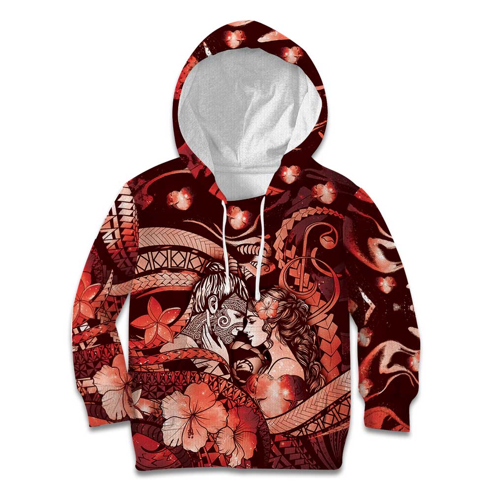 Personalised Maori Romantic Valentine Kid Hoodie The Hongi Kiss Red Galaxy