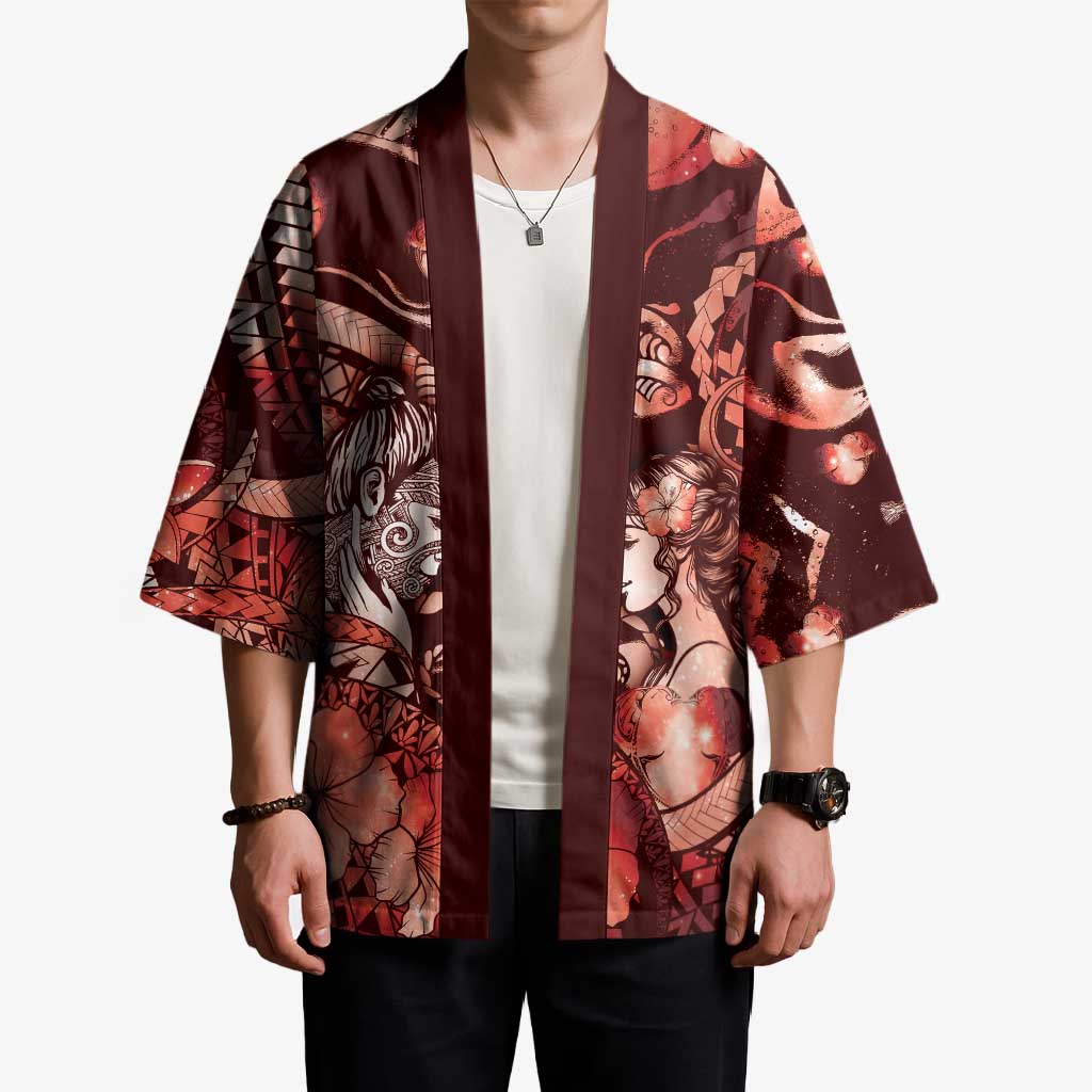 Personalised Maori Romantic Valentine Kimono The Hongi Kiss Red Galaxy DT05 - Polynesian Pride