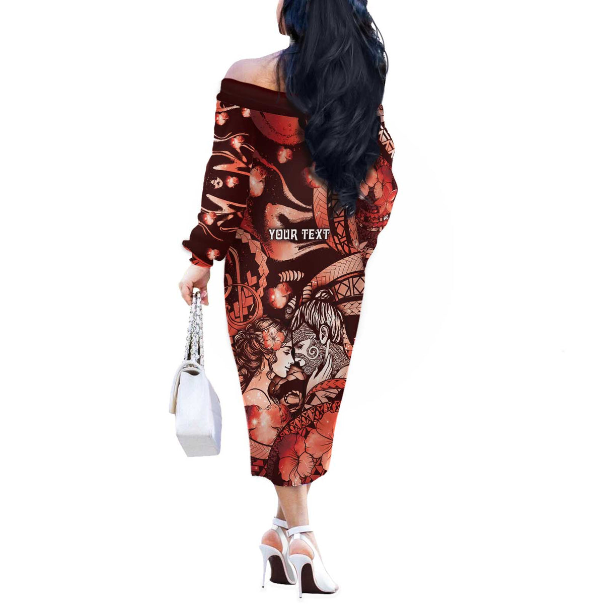 Personalised Maori Romantic Valentine Off The Shoulder Long Sleeve Dress The Hongi Kiss Red Galaxy