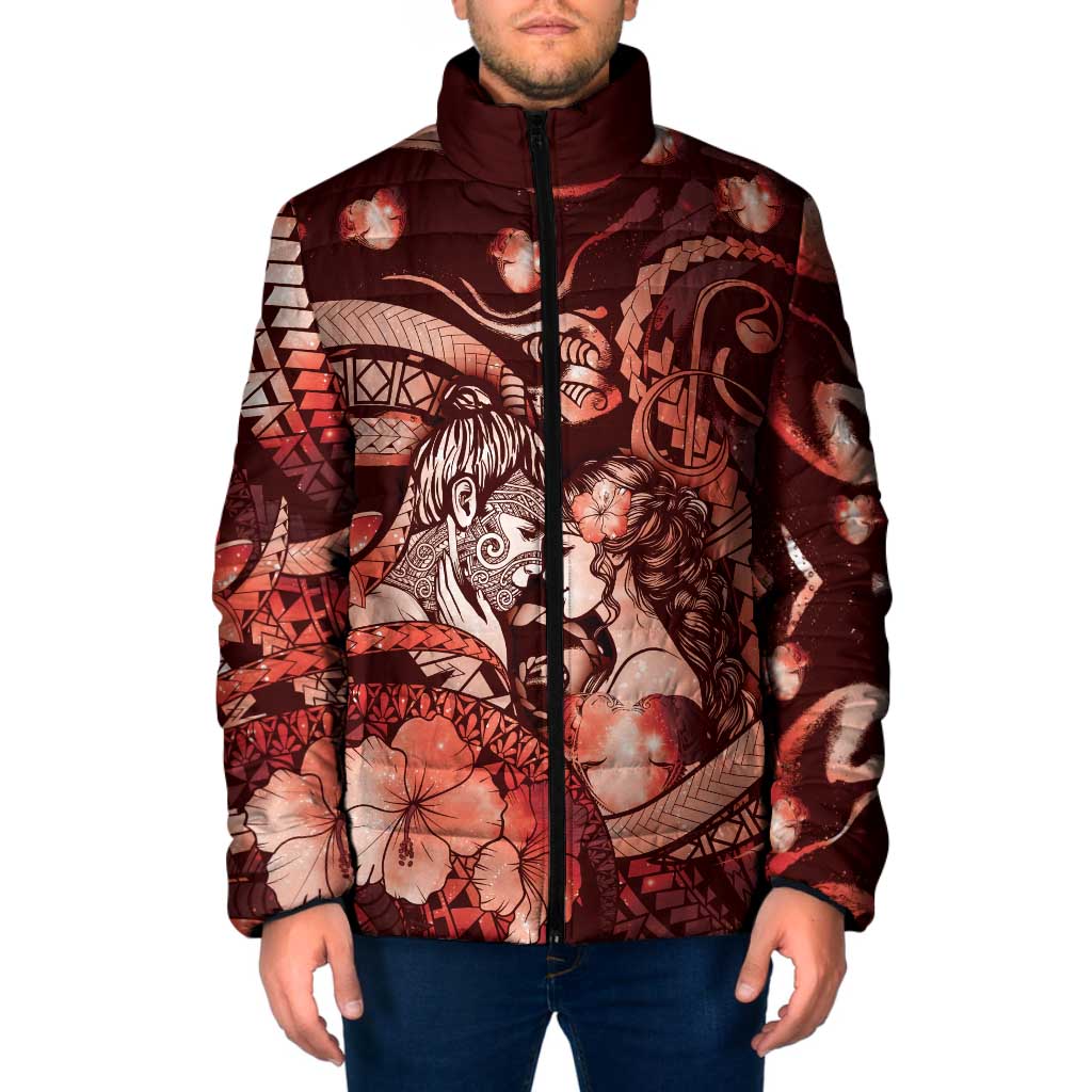 Personalised Maori Romantic Valentine Padded Jacket The Hongi Kiss Red Galaxy DT05 Men Red - Polynesian Pride