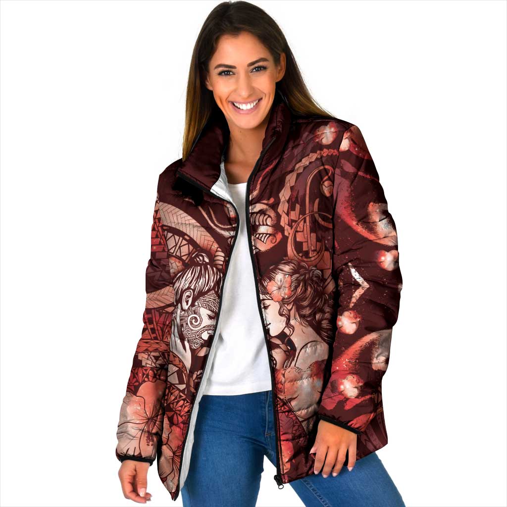 Personalised Maori Romantic Valentine Padded Jacket The Hongi Kiss Red Galaxy DT05 Women Red - Polynesian Pride