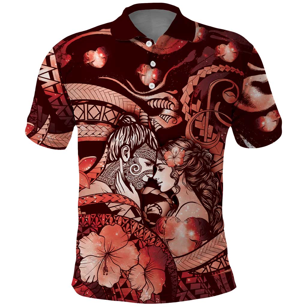 Personalised Maori Romantic Valentine Polo Shirt The Hongi Kiss Red Galaxy