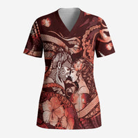 Personalised Maori Romantic Valentine Scrub Top The Hongi Kiss Red Galaxy DT05 Adult Red - Polynesian Pride