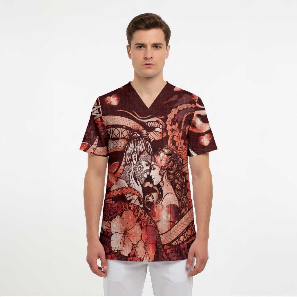 Personalised Maori Romantic Valentine Scrub Top The Hongi Kiss Red Galaxy DT05 - Polynesian Pride