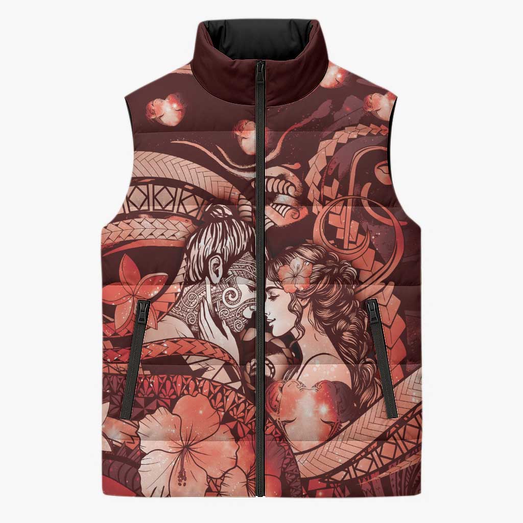Personalised Maori Romantic Valentine Sleeveless Puffer Jacket The Hongi Kiss Red Galaxy