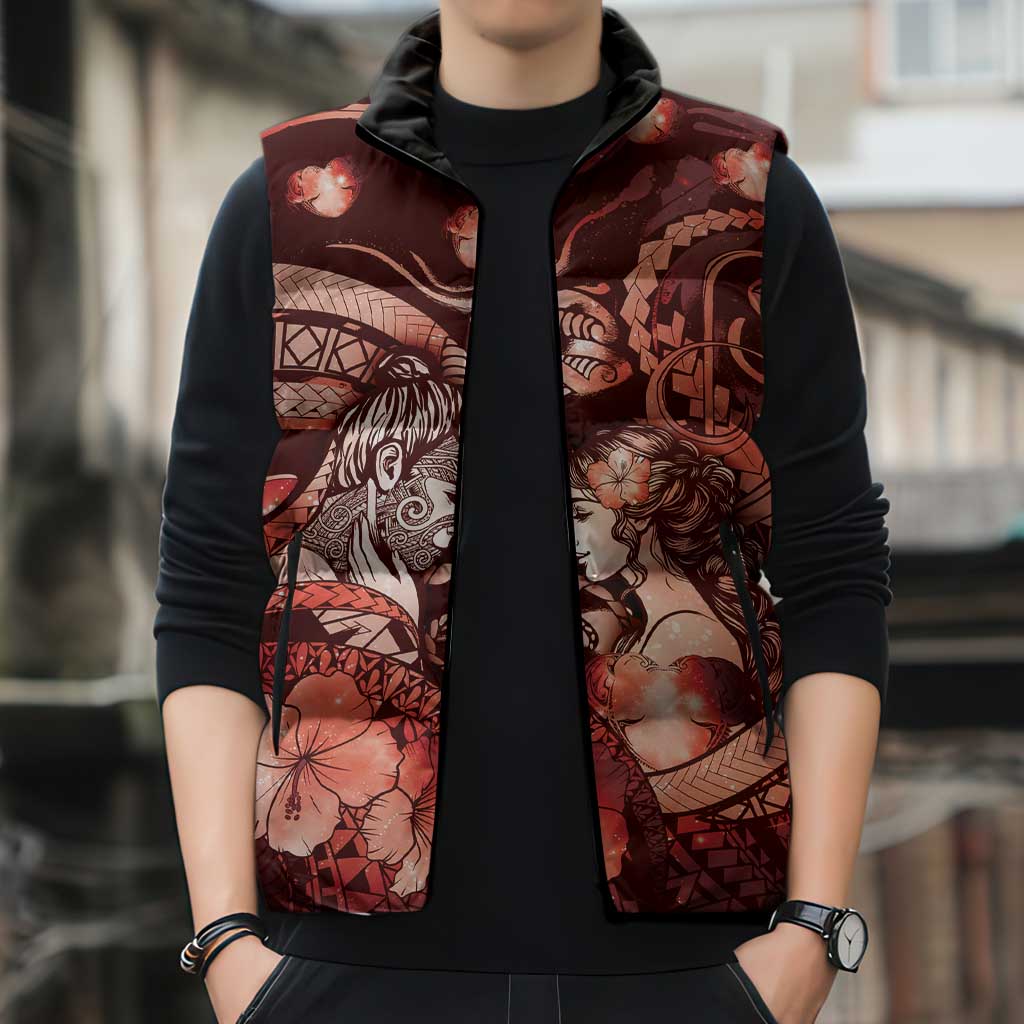 Personalised Maori Romantic Valentine Sleeveless Puffer Jacket The Hongi Kiss Red Galaxy