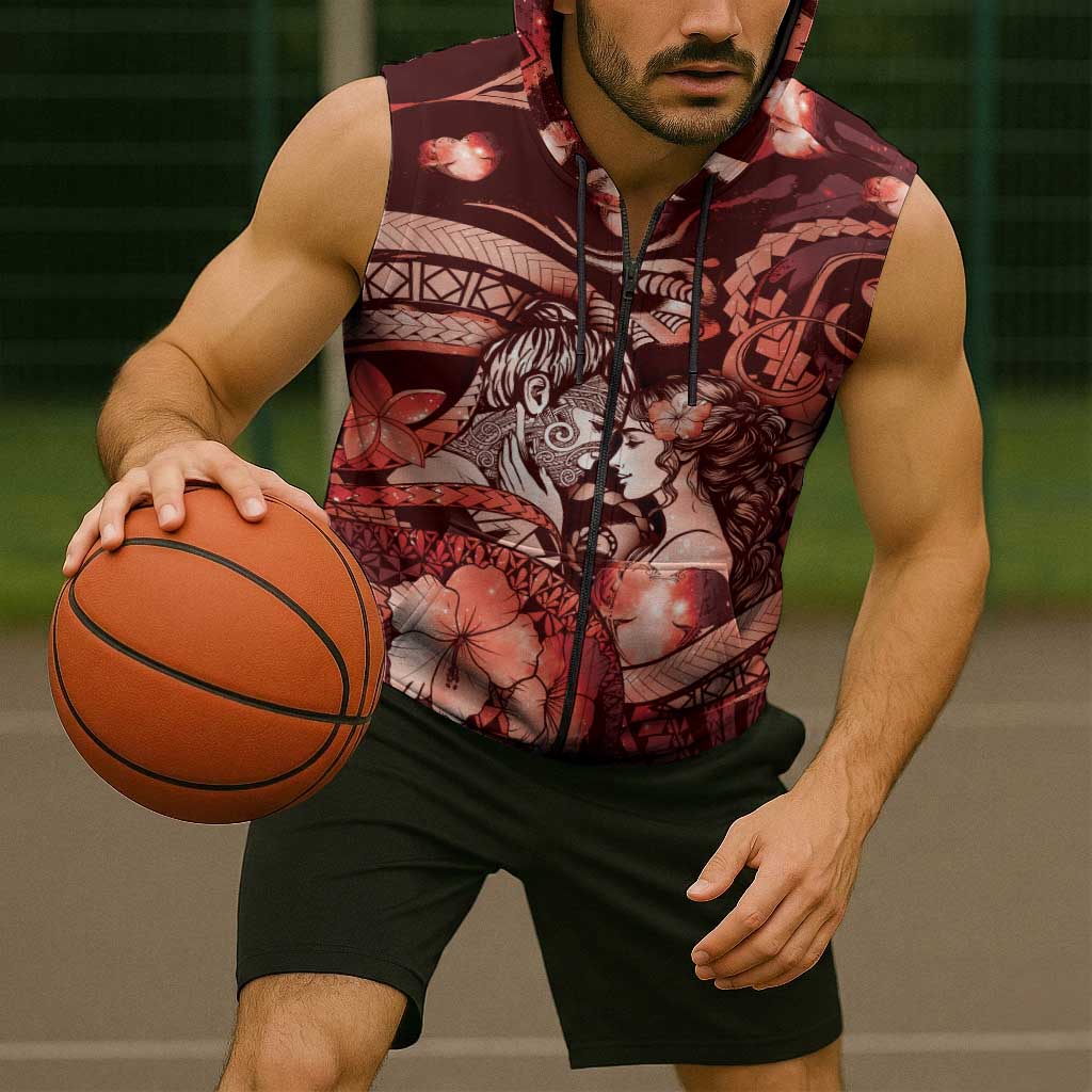 Personalised Maori Romantic Valentine Sleeveless Zip Hoodie The Hongi Kiss Red Galaxy