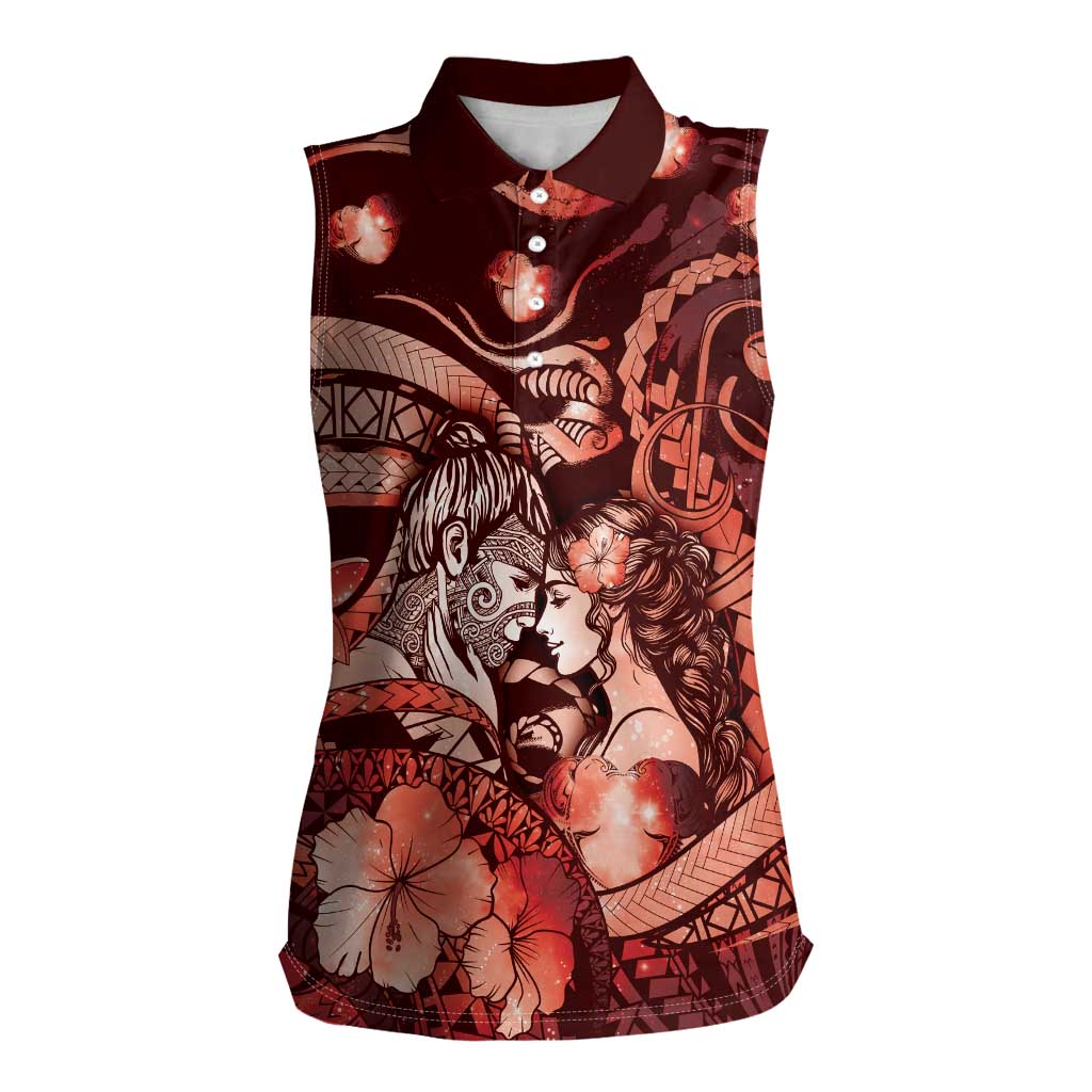Personalised Maori Romantic Valentine Women Sleeveless Polo Shirt The Hongi Kiss Red Galaxy