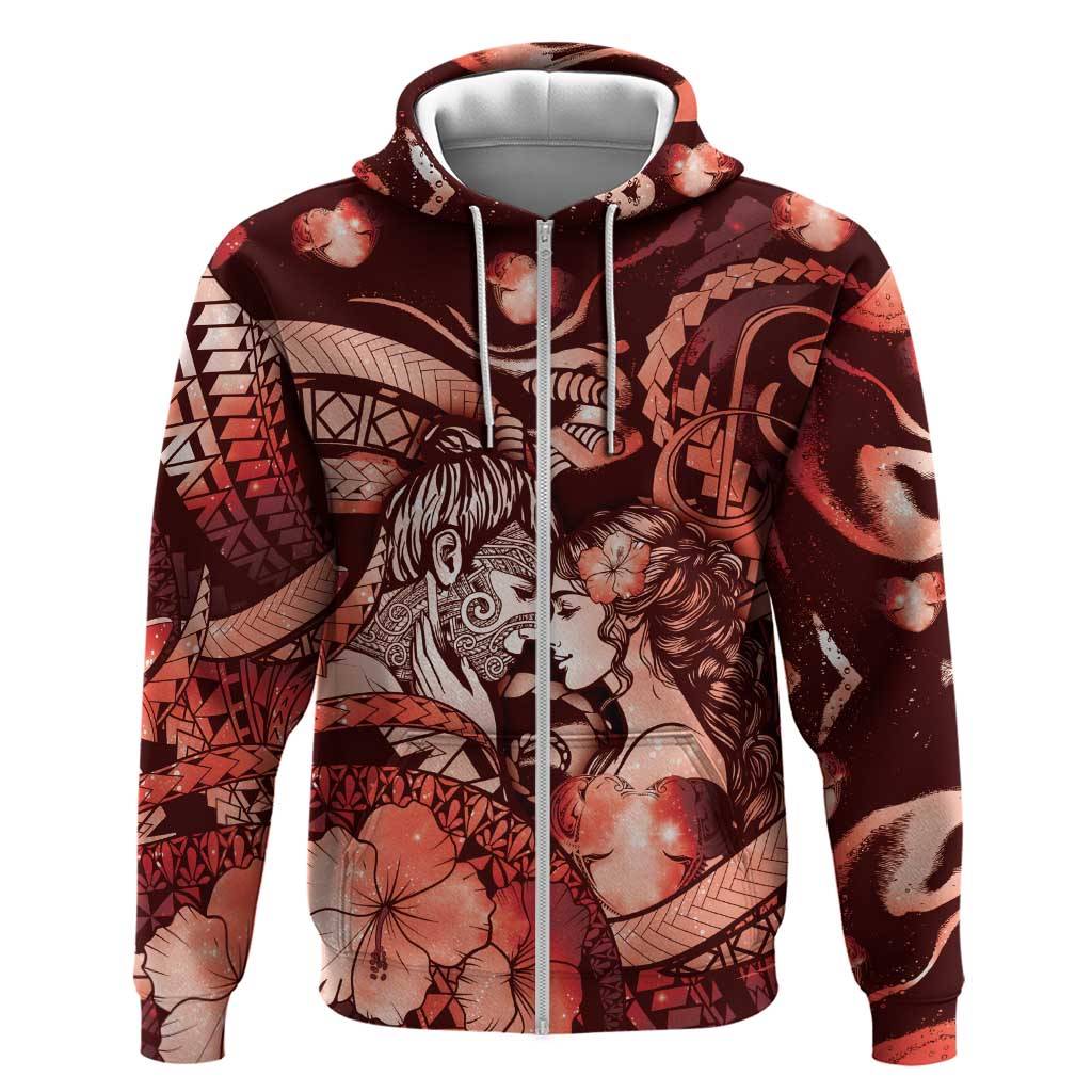 Personalised Maori Romantic Valentine Zip Hoodie The Hongi Kiss Red Galaxy DT05 Zip Hoodie Red - Polynesian Pride