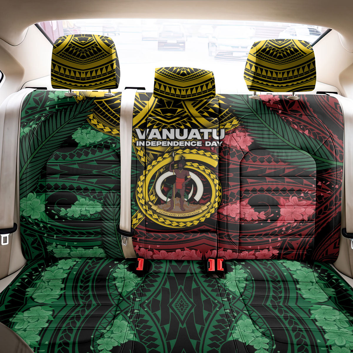 Vanuatu Independence Day Back Car Seat Cover Boar Tusk Warrior Tribal Floral Patterns DT05 - Polynesian Pride