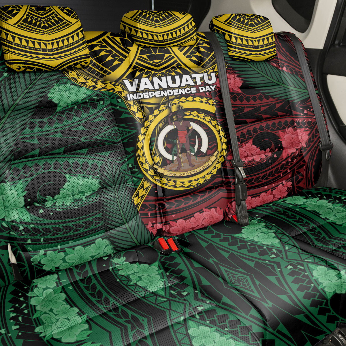 Vanuatu Independence Day Back Car Seat Cover Boar Tusk Warrior Tribal Floral Patterns DT05 - Polynesian Pride