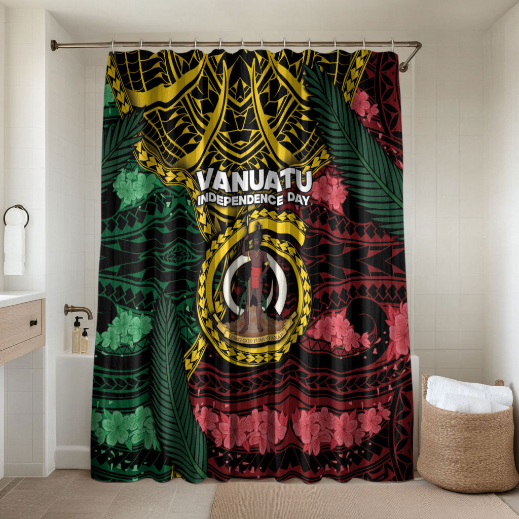 Vanuatu Independence Day Bathroom Set Boar Tusk Warrior Tribal Floral Patterns DT05 Shower Curtain Only Multicolor - Polynesian Pride