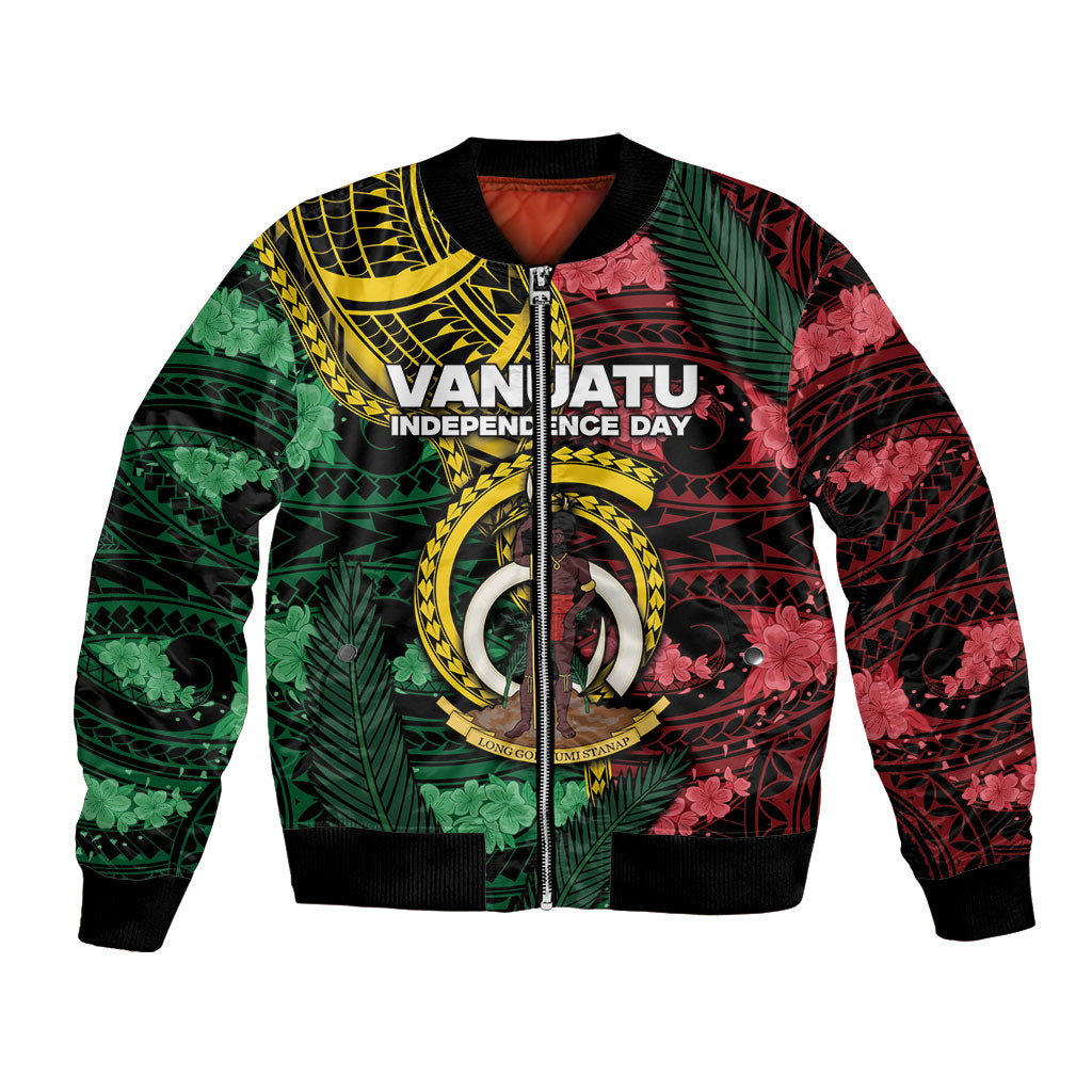 Personalised Vanuatu Independence Day Bomber Jacket Boar Tusk Warrior Tribal Floral Patterns DT05 Unisex Multicolor - Polynesian Pride