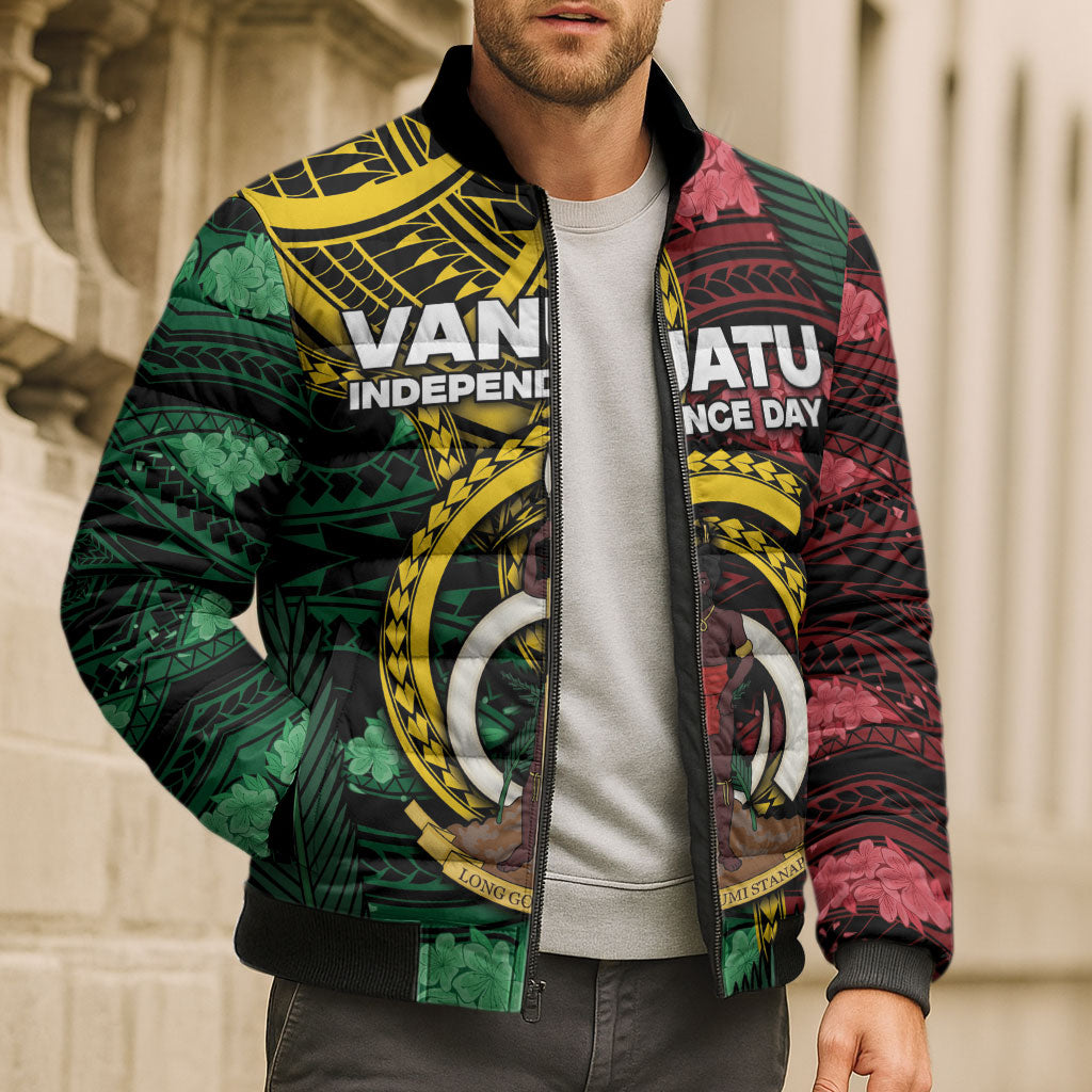 Personalised Vanuatu Independence Day Bomber Puffer Jacket Boar Tusk Warrior Tribal Floral Patterns DT05 - Polynesian Pride