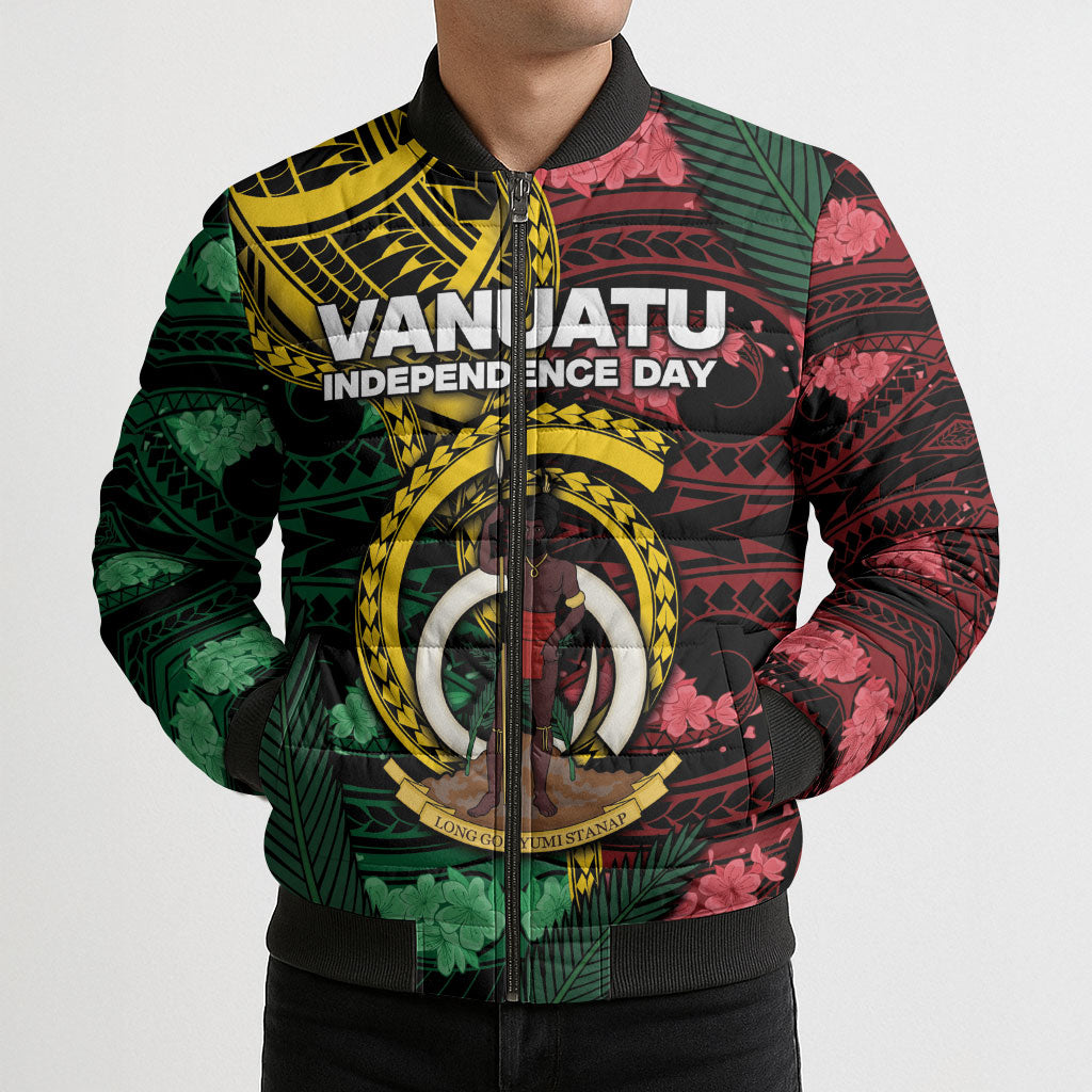 Personalised Vanuatu Independence Day Bomber Puffer Jacket Boar Tusk Warrior Tribal Floral Patterns DT05 - Polynesian Pride