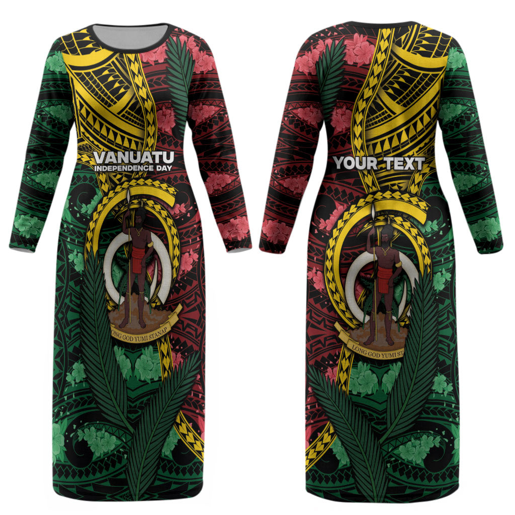 Personalised Vanuatu Independence Day Couples Matching Long Sleeve Bodycon Dress and Hawaiian Shirt Boar Tusk Warrior Tribal Floral Patterns DT05 - Polynesian Pride