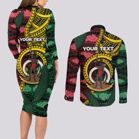 Personalised Vanuatu Independence Day Couples Matching Long Sleeve Bodycon Dress and Long Sleeve Button Shirt Boar Tusk Warrior Tribal Floral Patterns DT05 - Polynesian Pride
