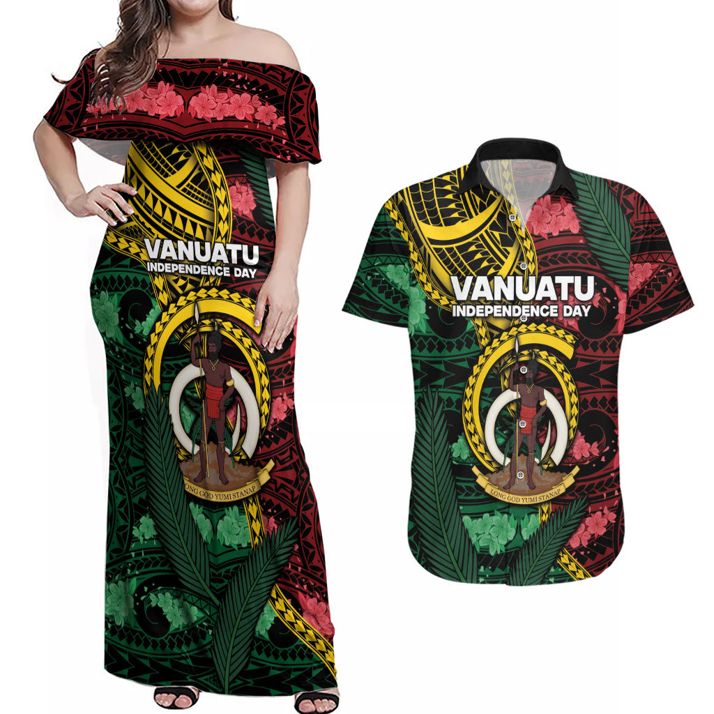 Personalised Vanuatu Independence Day Couples Matching Off Shoulder Maxi Dress and Hawaiian Shirt Boar Tusk Warrior Tribal Floral Patterns DT05 Multicolor - Polynesian Pride