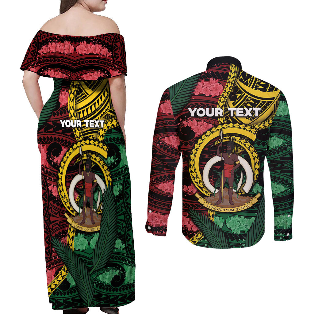 Personalised Vanuatu Independence Day Couples Matching Off Shoulder Maxi Dress and Long Sleeve Button Shirt Boar Tusk Warrior Tribal Floral Patterns DT05 - Polynesian Pride