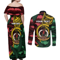 Personalised Vanuatu Independence Day Couples Matching Off Shoulder Maxi Dress and Long Sleeve Button Shirt Boar Tusk Warrior Tribal Floral Patterns DT05 - Polynesian Pride