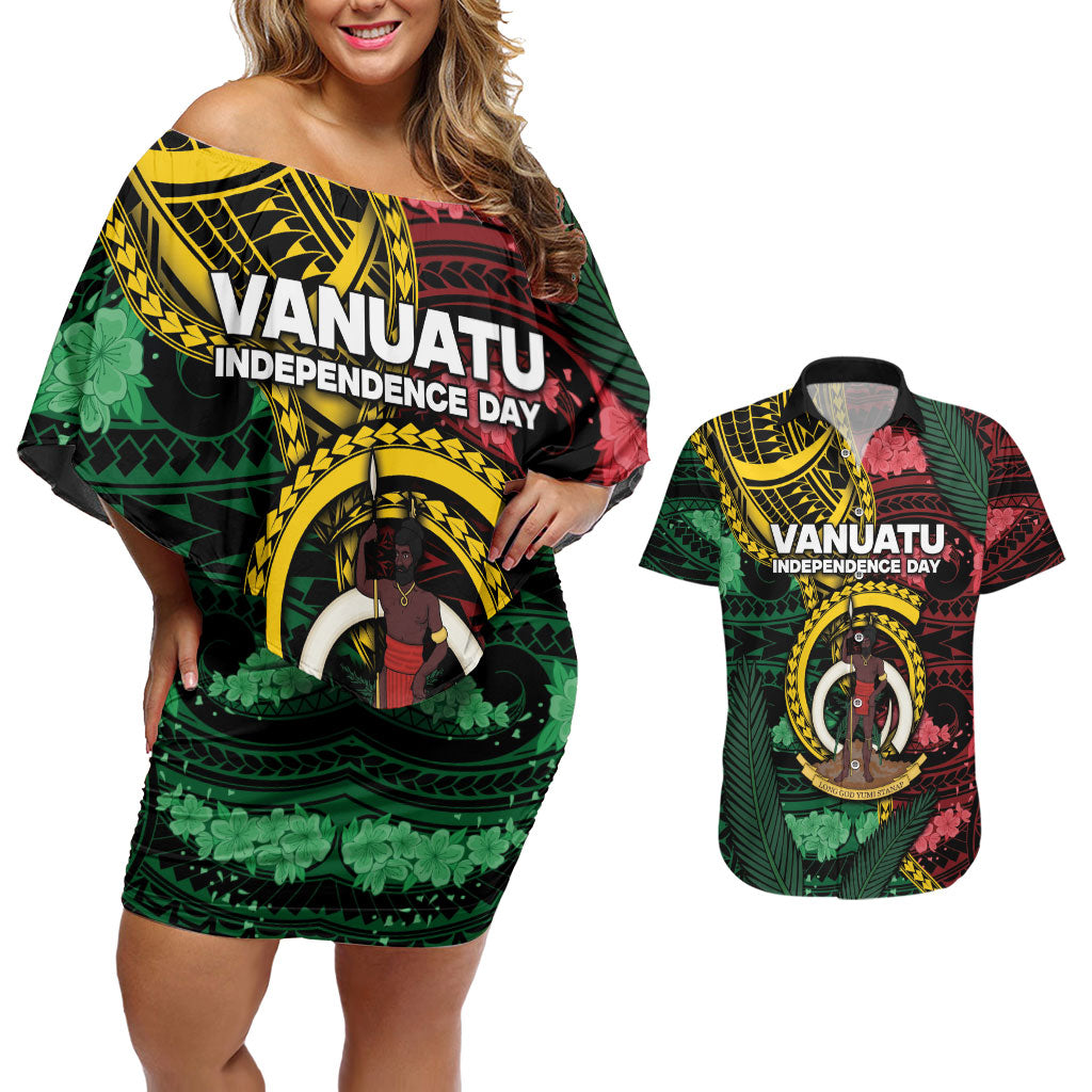 Personalised Vanuatu Independence Day Couples Matching Off Shoulder Short Dress and Hawaiian Shirt Boar Tusk Warrior Tribal Floral Patterns DT05 Multicolor - Polynesian Pride
