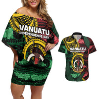 Personalised Vanuatu Independence Day Couples Matching Off Shoulder Short Dress and Hawaiian Shirt Boar Tusk Warrior Tribal Floral Patterns DT05 Multicolor - Polynesian Pride