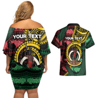 Personalised Vanuatu Independence Day Couples Matching Off Shoulder Short Dress and Hawaiian Shirt Boar Tusk Warrior Tribal Floral Patterns DT05 - Polynesian Pride