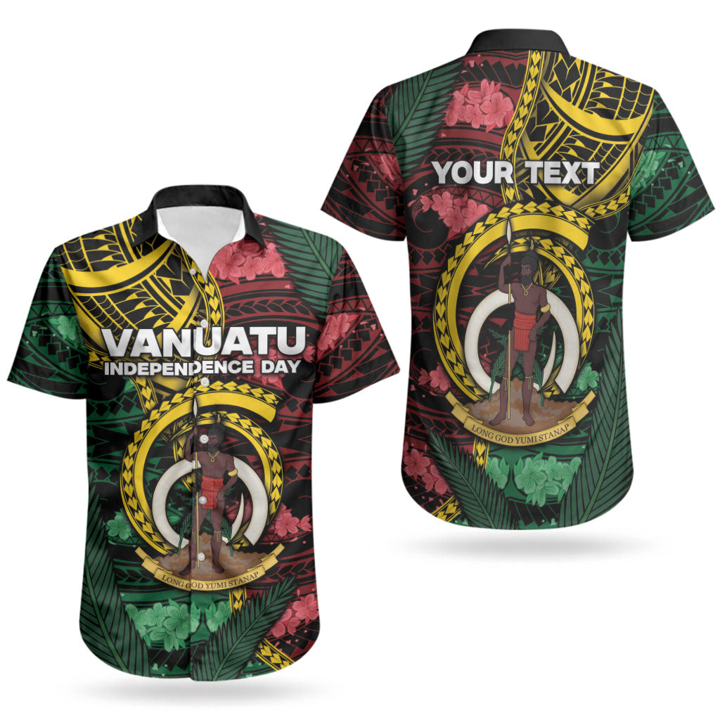 Personalised Vanuatu Independence Day Couples Matching Off Shoulder Short Dress and Hawaiian Shirt Boar Tusk Warrior Tribal Floral Patterns DT05 - Polynesian Pride